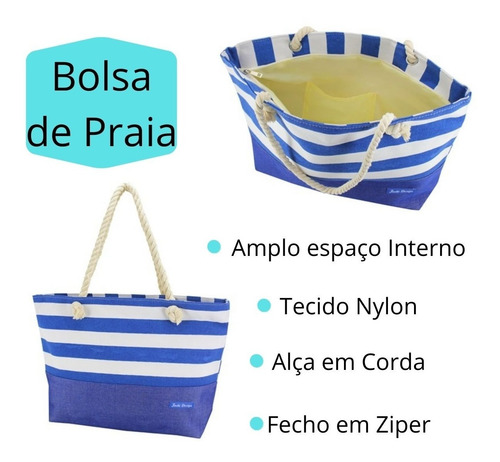 Imagem 4 de 6 de Bolsa De Praia Feminina Amplo Espaço Interno Com Listra Azul