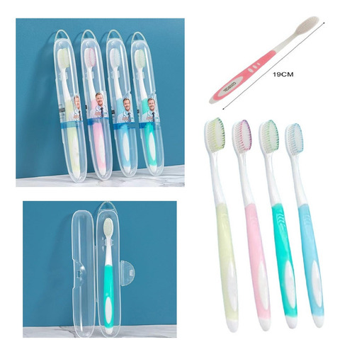 Set 4 Cepillos Dentales Suaves Con Estuche Individual Viaje Verde Azul Lila Verde Rosa