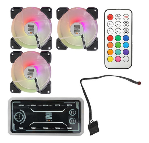 Combo Zion 3 Fan Rgb + Controlador + Control + Cable Molex