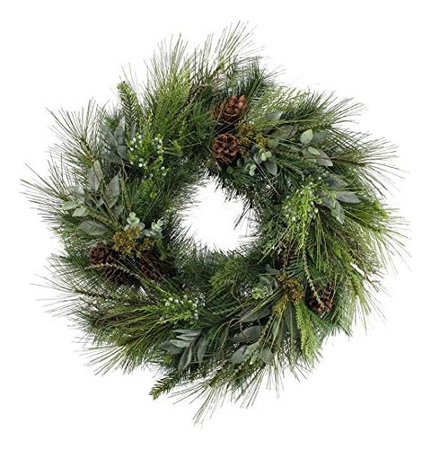 30  Deluxe Full Sugar Pine And Greens Wreath With Pinec...