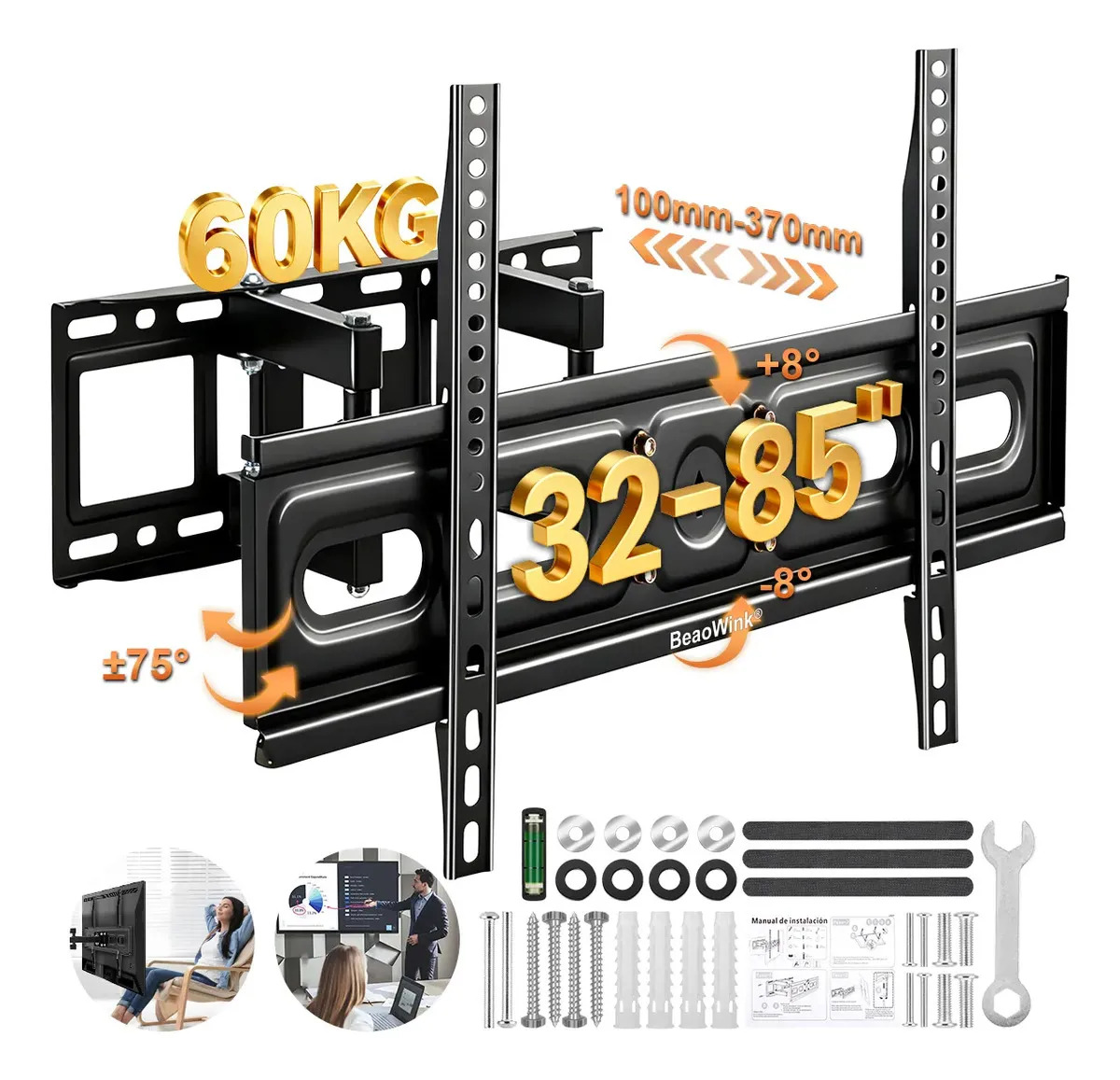 Soporte Base Tv Brazo Para Pantallas Monitor 32-85 Pulgadas. BeaoWink. Capacidad Máxima De Carga: 60 Kg. Distancia Máxima Entre Orificios: 600 X 400 Mm