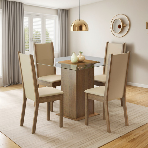 Mesa de comedor Madesa Aline con tapa de cristal, 4 sillas, color rústico, crema y perla