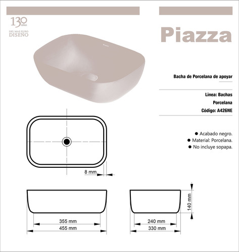 Imagen 8 de 8 de Bacha Para Baño Negra Apoyo Rectangular Slim Piazza A426ne