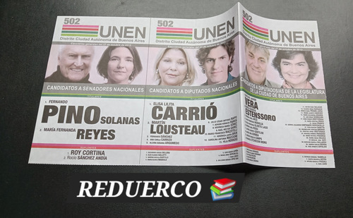 Boleta Electoral 2013 Unen Pino Solanas Carrió Vera 27/10 (Usado)