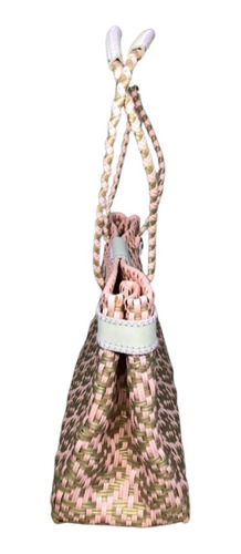 Bolsa Artesanal Toquilla Hecha A Mano Para Mujer Tote Bag Or Acabado De Los Herrajes Níquel Color Dorado Oscuro Correa De Hombro Rosa Claro Con Dorado