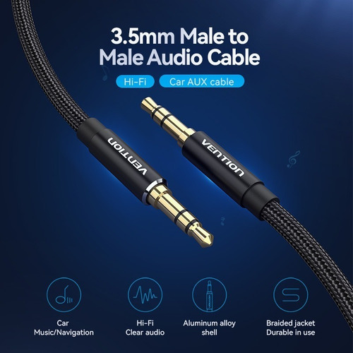 Cable Audio Auxiliar 3.5mm Vention Nylon Negro 2m 10 Piezas