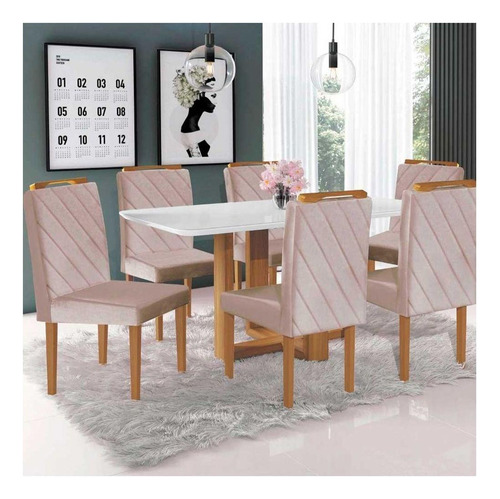 Conjunto Sala De Jantar 6 Cadeiras Em Mel Off White Nude