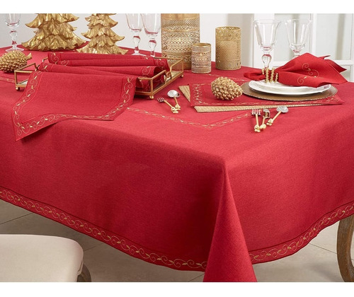 Mantel Fino Bordado Rojo Con Dorado Tradicional, Navideño,