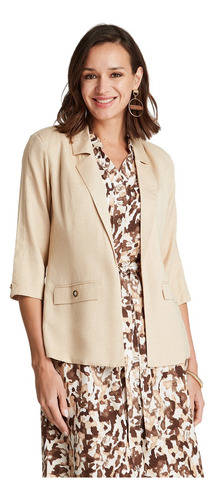 Blazer Lino Con Aplicación En Bolsillos - Beige