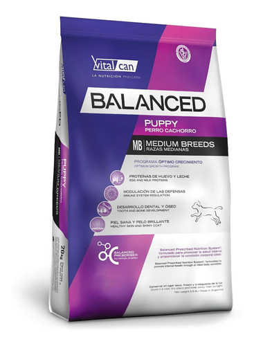 Vitalcan Balanced Perro Cachorro Raza Mediana 20kg. Envíos