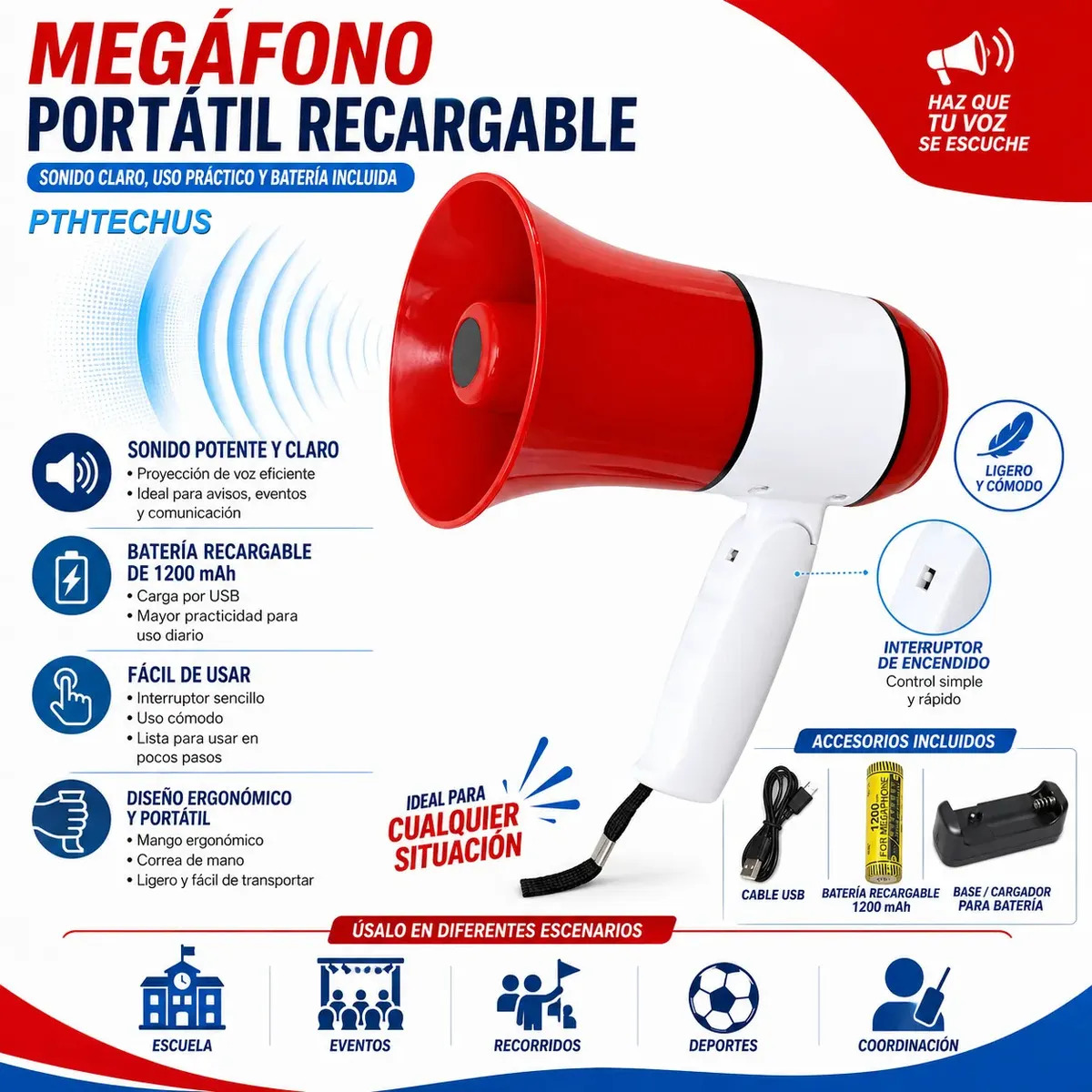 Megafono Recargable Con Grabador Y Sirena PTHTECHUS altavoz de mano Usb/sd megafono inalambrico megafono pequeño megafono 50w bluetooth megafonos portatiles bateria recargable para