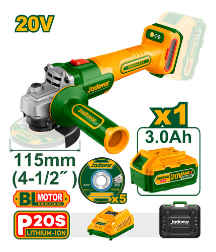 Amoladora Angular Inalambrica Bate 3ah 115mm Jadever Color Verde