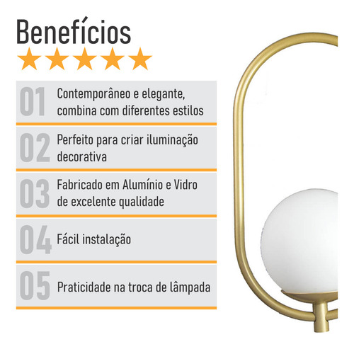Arandela Globo Trybo 4124-14-BR-3266 127/220V com LED 5W Branco Quente 2700K Dourado