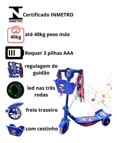 Patinete Infantil 3 Rodas Com Led Som Cesta Menino Cor Azul