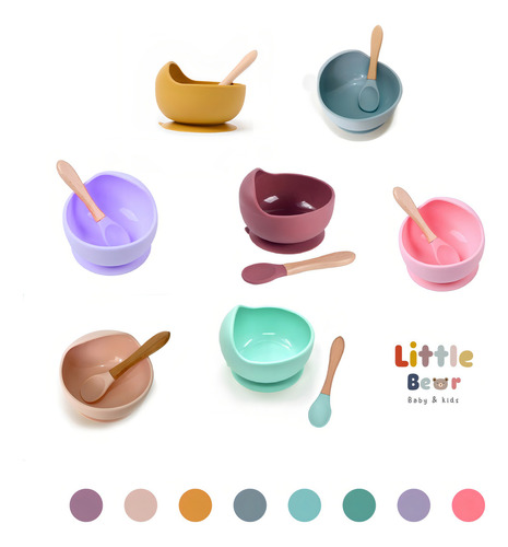 Kit Para Comida Bebe Bowl Adherible Silicon Y Cuchara Bambú Color Azul Claro Bowl Silicon
