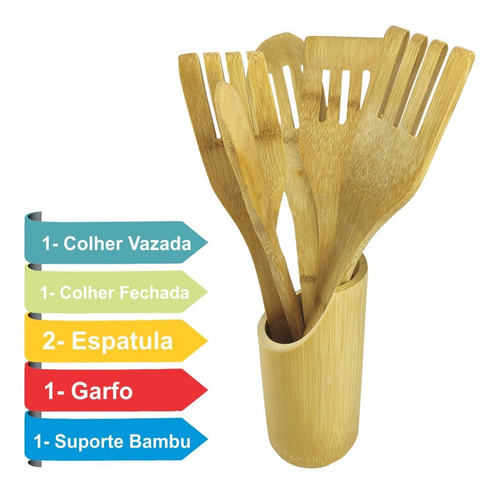 Imagem 5 de 7 de Conjunto Talheres Bambu 6 Peças Pau Colher Garfo Espatulas