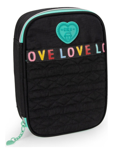 Estojo Escolar Feminino Com 2 Divisórias Love Preto Colorido Cor Preto-verde