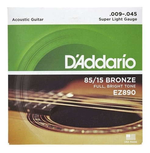 Encordado Para Guitarra Acustica Ez890 Super Light Calibres 009 - 045 De Bronce 85/15 Tension Media Con Sonido Natural