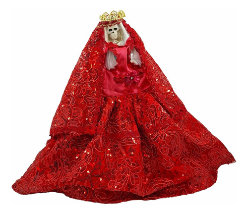 Santa Muerte Clásica De 30 Cm - Con Vestido Rojo Curado 