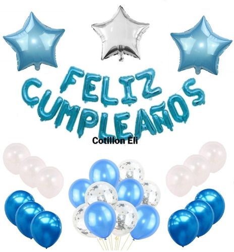 Set Feliz Cumpleaños Azul Plateado Blanco Estrella Confeti