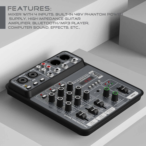 4 Canales Mezclador Usb Mezcla De Sonido Compacto 48v