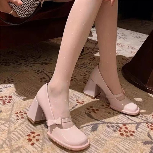 Nuevo Zapatos Mary Jane De Tacón Grueso Con Lazo Francés