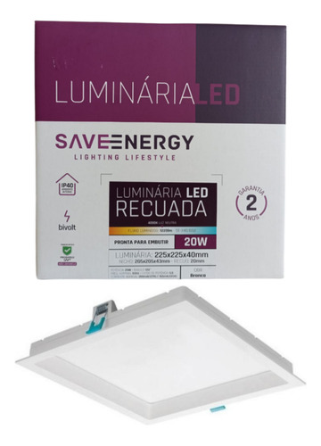 2 Luminaria Led 20w Embutir Recuado Save Energy 4k Neutro Cor Branco 110V/220V