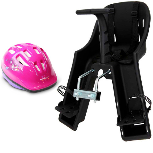 Imagem 1 de 5 de Kit Cadeirinha Frente Preta Capacete Para Bicicleta Rosa