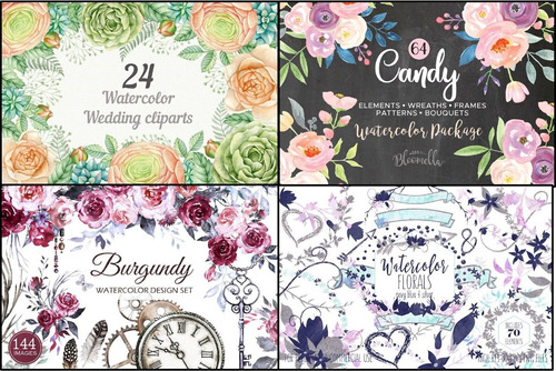 Acuarelas Clipart 26 Kits Variados Flores Frames Watercolor