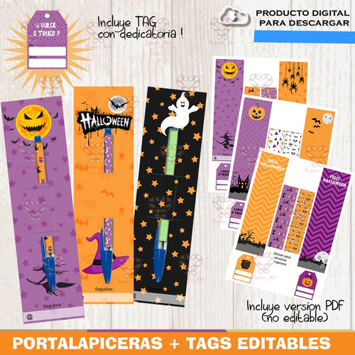 Kit Imprimible Halloween Portalapiceras Lapiz + Tag Editable