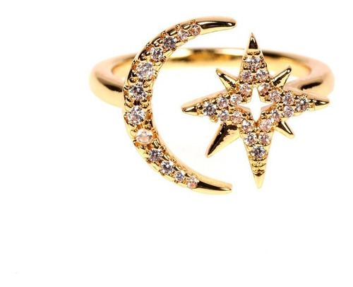 Imagen 1 de 6 de Anillo Luna Estrella Ajustable Baño De Oro 18k