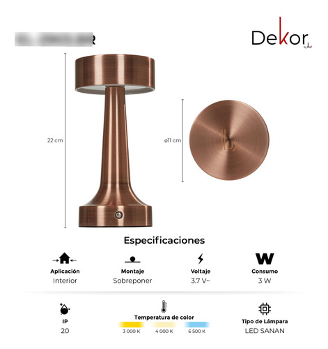 Lámpara De Mesa Led Inalámbrica Recargable 3 Niveles Bronce