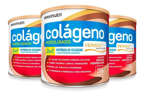 Kit 03 Colágeno Hidrolisado Verisol Frutas Vermelhas 250g