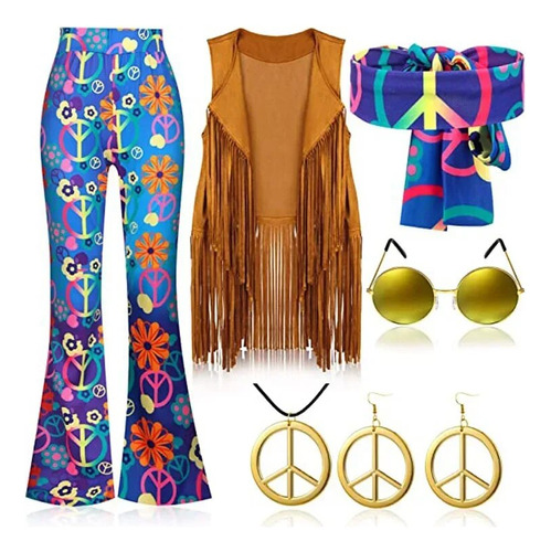 Disfraz Hippie Love Disco 60 Peace Para Mujer, Cosplay De Lo