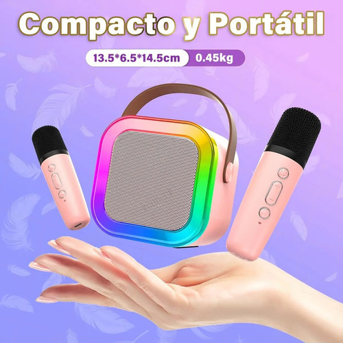 Mini Karaoke Con 2 Micrófonos, Bocina Bluetooth Y Luces Led Rosa