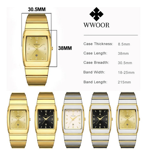 Relógio de pulso analógico Wwoor 8888 para homens, fundo branco, com pulseira colorida de aço inoxidável, moldura dourada prateada e fivela simples