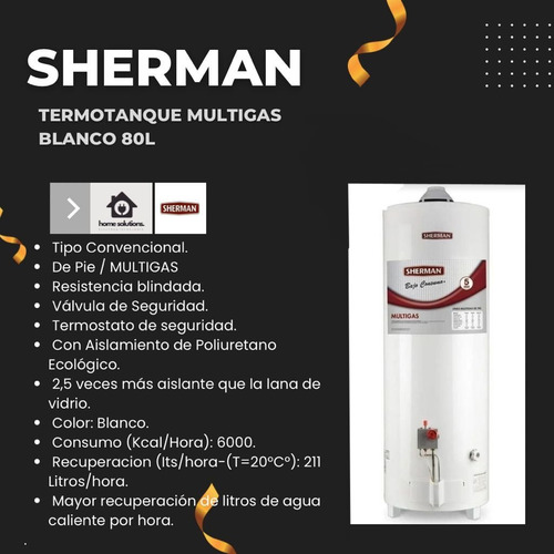Termotanque 80 Lts Sherman Tpgp080msh13 Gas Conex Sup De Pie Color Blanco