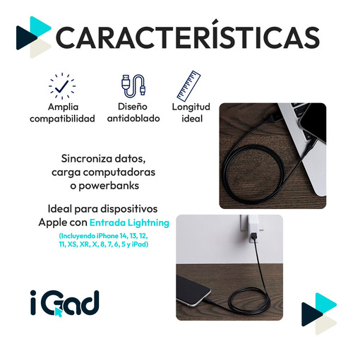 Cable De Carga Usb A Lightning Para Iphone 1.8 M Resistente Negro