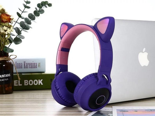 Auriculares Bluetooth Inalámbricos Orejas Gato Luz Led Color Violeta