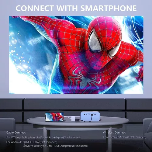 Proyector WiFi con pantalla de proyector de 100 pulgadas, proyector de 9000  lux para películas al aire libre, compatible con 1080P Full HD,  miniproyector portátil compatible con smartphone, TV Stick, HDMI, USB