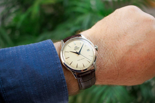 Relogio Orient Bambino Automatico Ra-ac0m04y30b Correia Marrom Bisel Prateado Fundo Champanhe