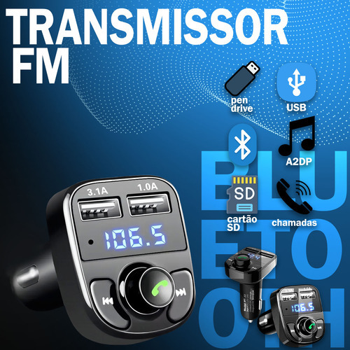 Receptor Transmissor Veicular Fm Usb Bluetooth Carregador