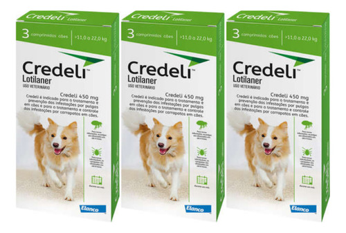 03 Credeli 450mg Antipulga Carrapato Cães 11 A 22kg 3 Comp