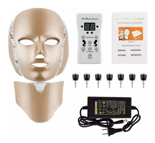 Máscara Led 7 Cores Pescoço Facial + 7 Eletrodos 3 Em 1 Ouro