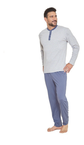 Beckil Cod 3110 Pijama Varon Gamuza Gruesa Lista Azul Y Grey