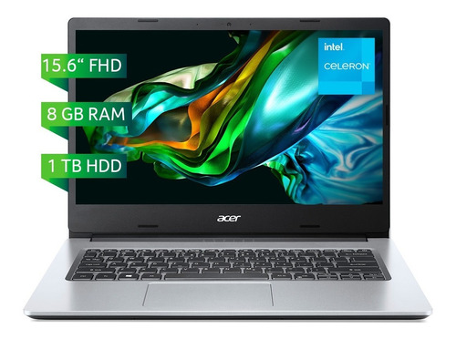 Laptop Acer Aspire 3/ Intel Celeron/ 8gb/ 1tb Hdd/ 15.6  Fhd Plateado