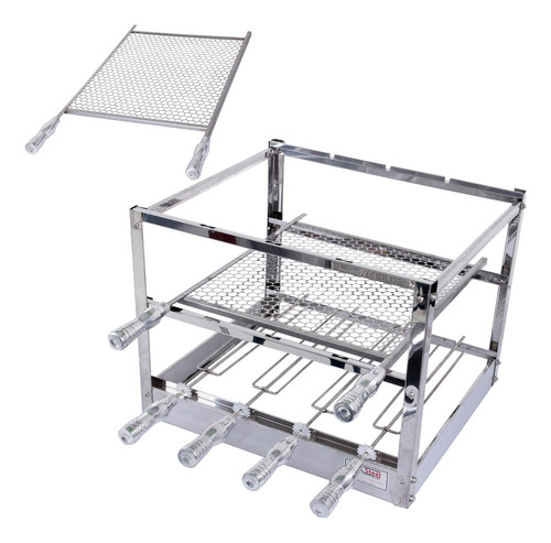 Kit Churrasqueira Suporte Inox Grelha Moeda 55cm Comprimento