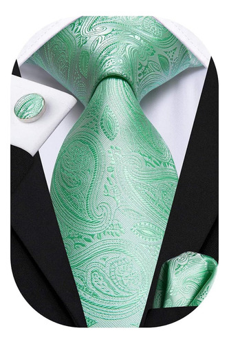 Set De Corbata , Pañuelo Y Gemelos Hi-tie Seda Verde Menta