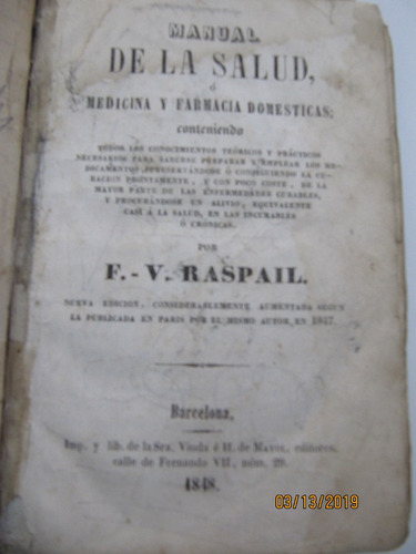 Manual De La Salud Medicina Farmacia Domestica  Raspail 1848