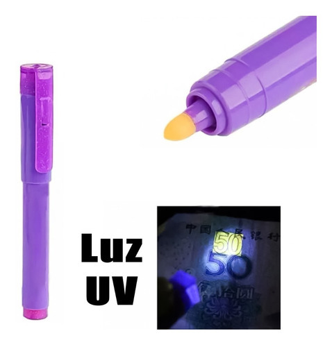Lápis detector de notas falsas, luz UV, dólares e pesos, cor roxa